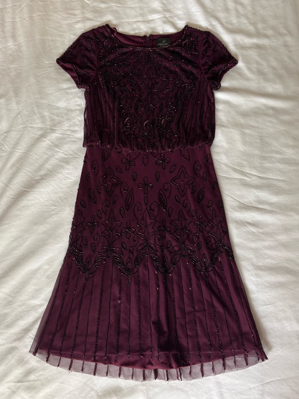 Adrianna Papell Plum Burgundy Beaded Short Sleeve Cocktail Dress